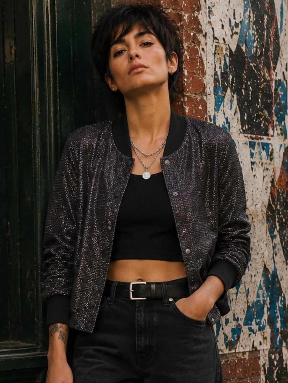 GUESS Metallic Black Bomber Jacket size medium